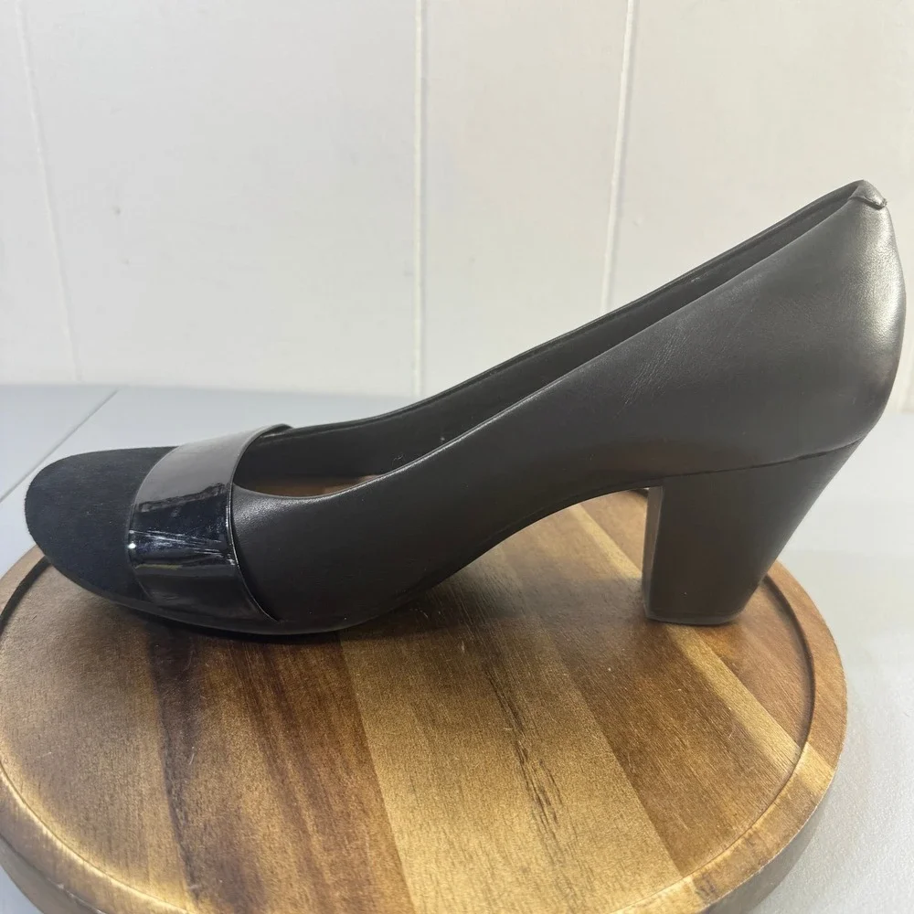 Clarks Collection Womens Black Leather Suede Block Heel Pumps Shoes US 8